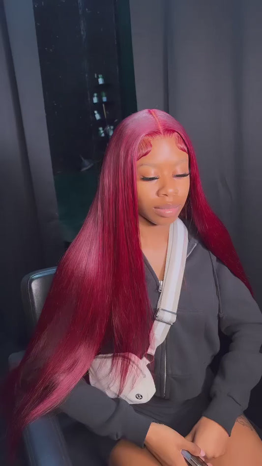 99J Burgundy Straight HD Lace Front Human Hair Wig – 13x4 / 13x6 Transparent Lace, 200% Density